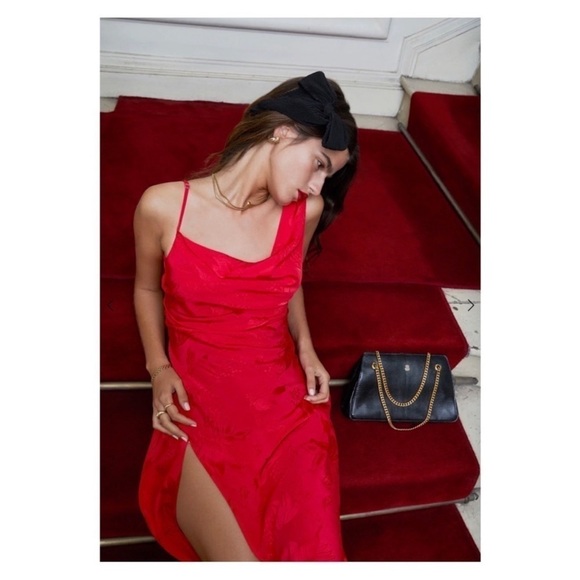 For Love And Lemons Dress Ilana Midi Asymmetric Slip in Jacquard Red - Picture 6 of 13